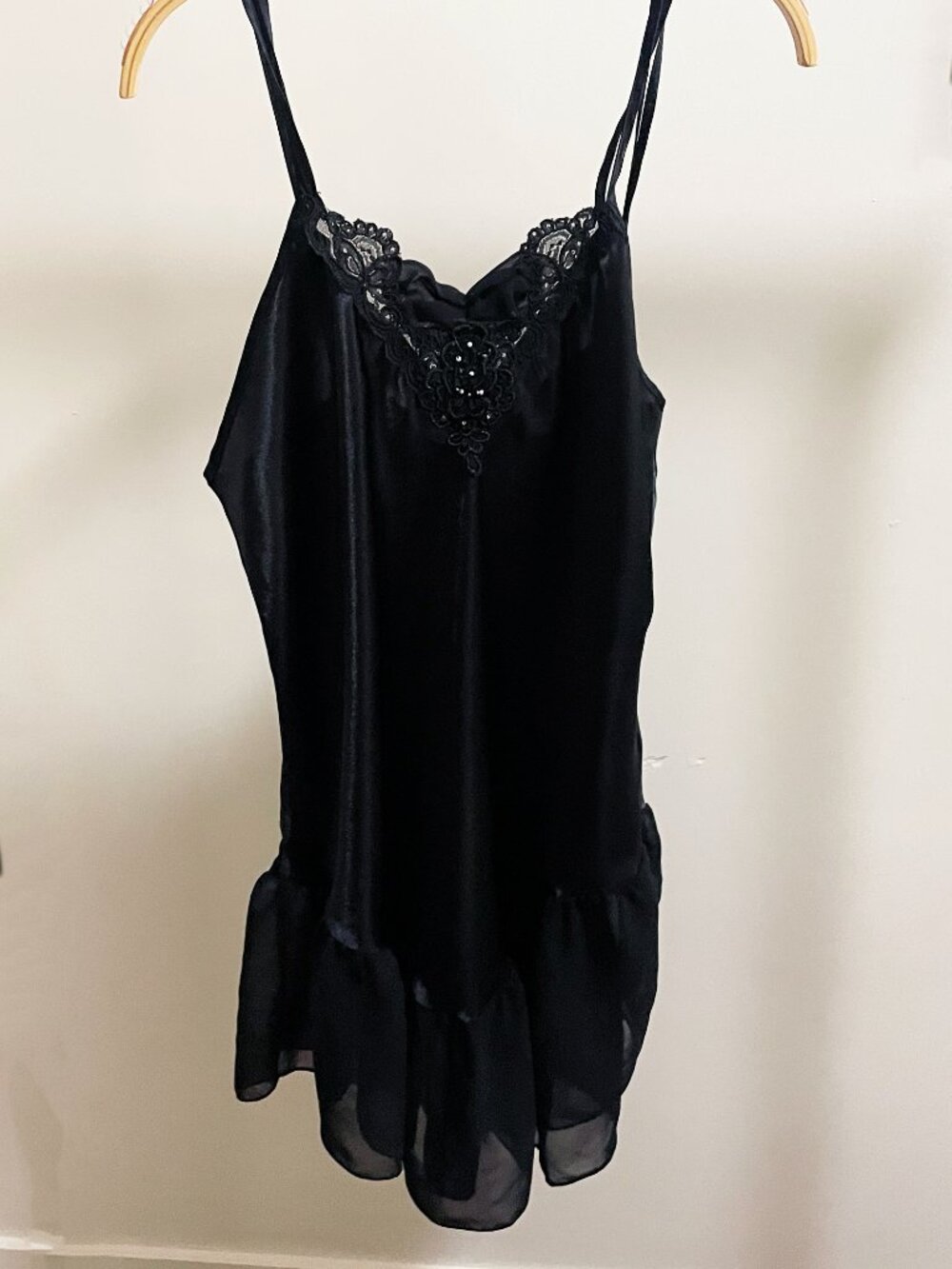 Vintage Black Satin Lace Babydoll Chemise Nightgown Large